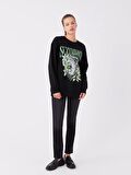 Bisiklet Yaka Baskılı Uzun Kollu Oversize Kadın Sweatshirt