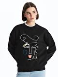 Bisiklet Yaka Baskılı Uzun Kollu Oversize Kadın Sweatshirt