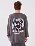 Bisiklet Yaka Wednesday Baskılı Uzun Kollu Oversize Kadın Sweatshirt