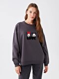 Bisiklet Yaka Disney Baskılı Uzun Kollu Kadın Sweatshirt Anne Kız Kombini