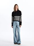 Polo Yaka Çizgili Uzun Kollu Oversize Kadın Triko Kazak