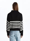 Polo Yaka Çizgili Uzun Kollu Oversize Kadın Triko Kazak