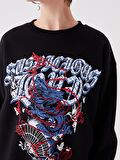 Bisiklet Yaka Baskılı Uzun Kollu Oversize Kadın Sweatshirt