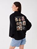 Bisiklet Yaka Baskılı Uzun Kollu Oversize Kadın Sweatshirt