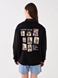 Bisiklet Yaka Baskılı Uzun Kollu Oversize Kadın Sweatshirt