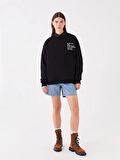 Bisiklet Yaka Baskılı Uzun Kollu Oversize Kadın Sweatshirt