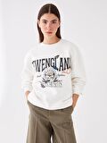 Bisiklet Yaka Baskılı Uzun Kollu Oversize Kadın Sweatshirt