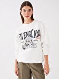 Bisiklet Yaka Baskılı Uzun Kollu Oversize Kadın Sweatshirt
