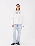 Bisiklet Yaka Baskılı Uzun Kollu Oversize Kadın Sweatshirt