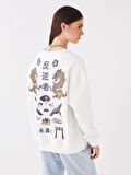 Bisiklet Yaka Baskılı Uzun Kollu Oversize Kadın Sweatshirt