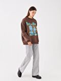 Bisiklet Yaka Rick and Morty Baskılı Uzun Kollu Oversize Kadın Sweatshirt