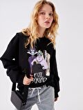 Bisiklet Yaka Villains Baskılı Uzun Kollu Oversize Kadın Sweatshirt