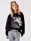 Bisiklet Yaka Villains Baskılı Uzun Kollu Oversize Kadın Sweatshirt