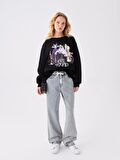 Bisiklet Yaka Villains Baskılı Uzun Kollu Oversize Kadın Sweatshirt