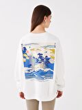 Bisiklet Yaka Baskılı Uzun Kollu Oversize Kadın Sweatshirt