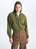 Kapüşonlu Düz Uzun Kollu Kadın Fermuarlı Sweatshirt