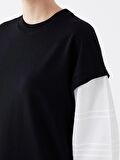 Bisiklet Yaka Renk Bloklu Uzun Kollu Kadın Sweatshirt Tunik