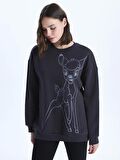 Bisiklet Yaka Bambi Baskılı Uzun Kollu Oversize Kadın Sweatshirt