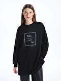 Bisiklet Yaka Baskılı Uzun Kollu Oversize Kadın Sweatshirt Tunik