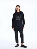 Bisiklet Yaka Baskılı Uzun Kollu Oversize Kadın Sweatshirt Tunik