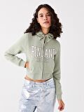Kapüşonlu Baskılı Uzun Kollu Crop Kadın Fermuarlı Sweatshirt