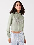 Kapüşonlu Baskılı Uzun Kollu Crop Kadın Fermuarlı Sweatshirt