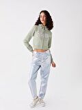 Kapüşonlu Baskılı Uzun Kollu Crop Kadın Fermuarlı Sweatshirt