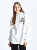 Baskılı Uzun Kollu Oversize Kadın Hoodie
