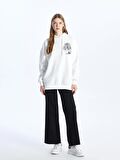 Baskılı Uzun Kollu Oversize Kadın Hoodie