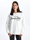 Bisiklet Yaka Baskılı Uzun Kollu Oversize Kadın Sweatshirt