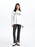 Bisiklet Yaka Baskılı Uzun Kollu Oversize Kadın Sweatshirt