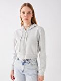 Kapüşonlu Düz Uzun Kollu Crop Kadın Fermuarlı Sweatshirt