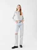 Kapüşonlu Düz Uzun Kollu Crop Kadın Fermuarlı Sweatshirt