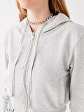 Kapüşonlu Düz Uzun Kollu Crop Kadın Fermuarlı Sweatshirt