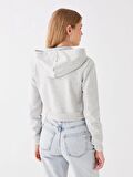 Kapüşonlu Düz Uzun Kollu Crop Kadın Fermuarlı Sweatshirt