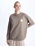 Bisiklet Yaka Baskılı Uzun Kollu Oversize Kadın Sweatshirt