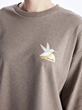 Bisiklet Yaka Baskılı Uzun Kollu Oversize Kadın Sweatshirt