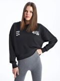 Bisiklet Yaka Baskılı Uzun Kollu Oversize Kadın Sweatshirt