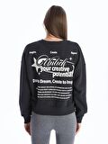 Bisiklet Yaka Baskılı Uzun Kollu Oversize Kadın Sweatshirt