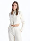 Dik Yaka Düz Crop Kadın Fermuarlı Sweatshirt