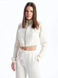 Dik Yaka Düz Crop Kadın Fermuarlı Sweatshirt