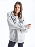 Kapüşonlu Baskılı Uzun Kollu Oversize Kadın Fermuarlı Sweatshirt