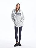 Kapüşonlu Baskılı Uzun Kollu Oversize Kadın Fermuarlı Sweatshirt