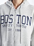 Kapüşonlu Baskılı Uzun Kollu Oversize Kadın Fermuarlı Sweatshirt