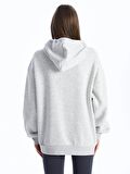 Kapüşonlu Baskılı Uzun Kollu Oversize Kadın Fermuarlı Sweatshirt