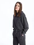 Düz Uzun Kollu Oversize Kadın Crop Hoodie