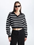 Polo Yaka Çizgili Uzun Kollu Crop Kadın Triko Kazak