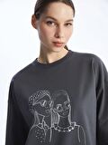 Bisiklet Yaka Baskılı Uzun Kollu Kadın Sweatshirt Tunik
