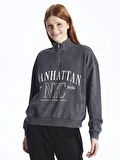 Dik Yaka Baskılı Uzun Kollu Oversize Kadın Sweatshirt