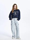 Polo Yaka Baskılı Uzun Kollu Oversize Kadın Sweatshirt